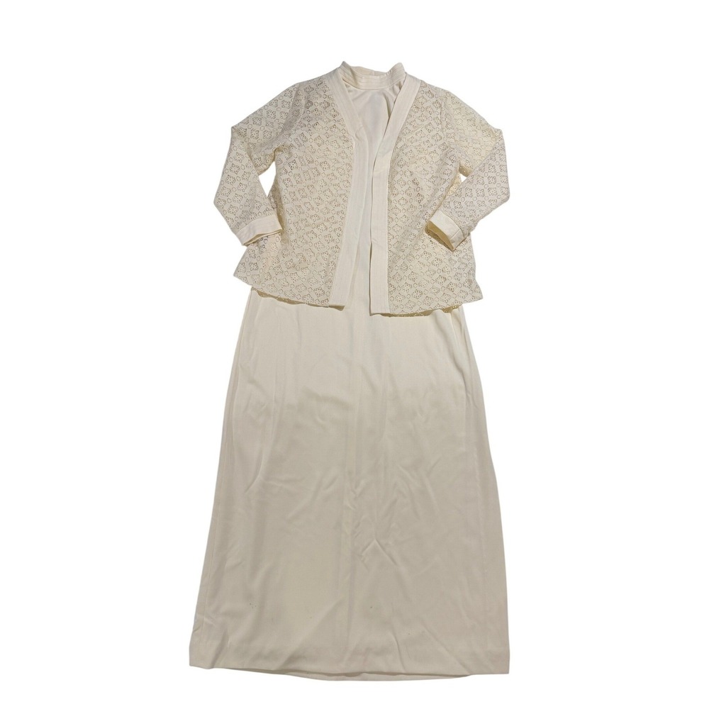 Vintage 1970s JCPenney Fashions Ivory Maxi Dress Lace Jacket Set Size 18